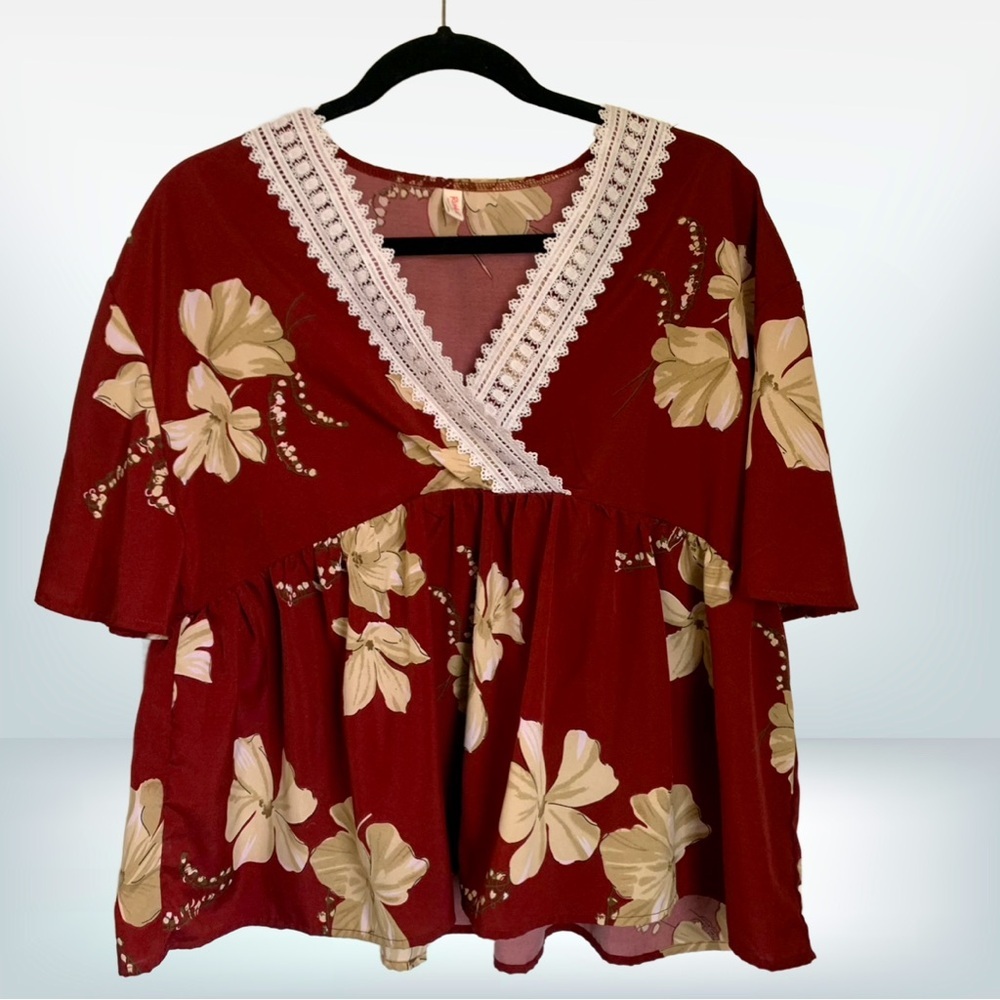 Romwe Burgundy Floral Crochet V-neck Crop Top Blouse, size L🛍️